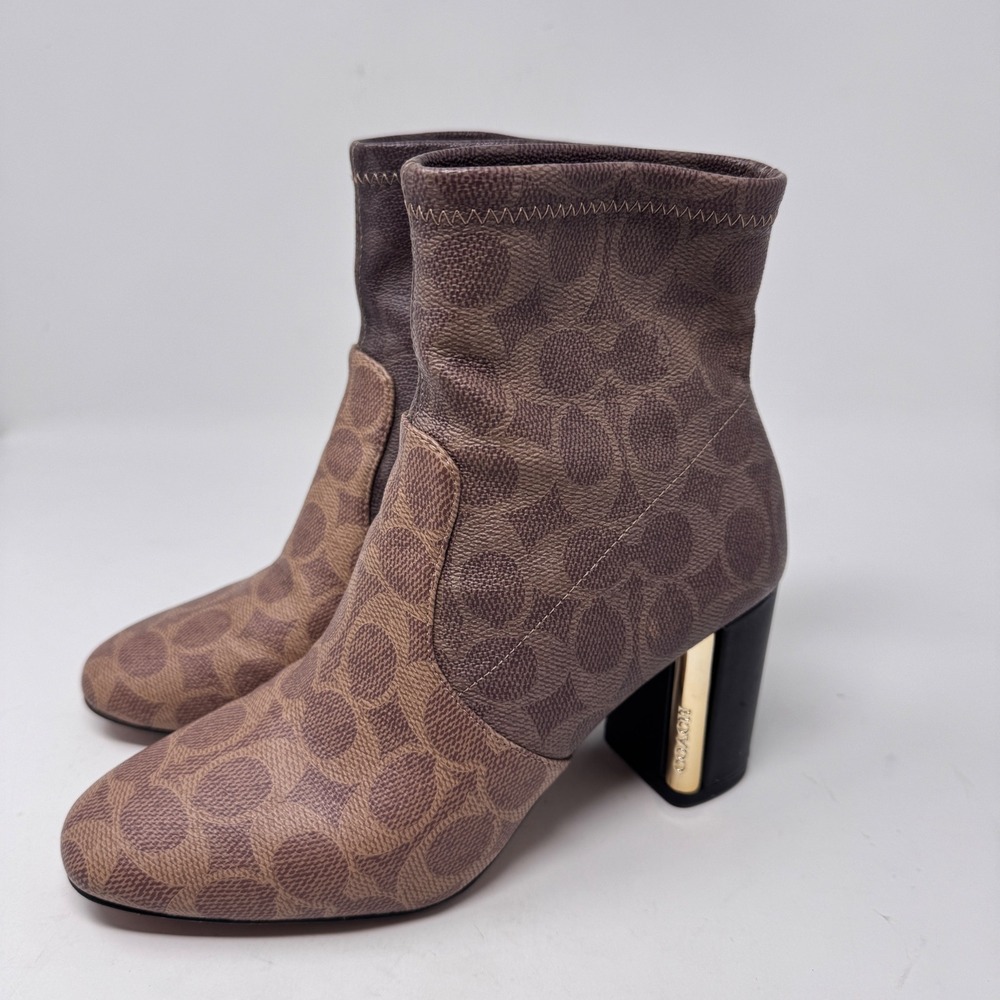 Coach Margot Signature Monogram Ankle Booties Brown Block Heel Size 6 - Picture 3 of 10